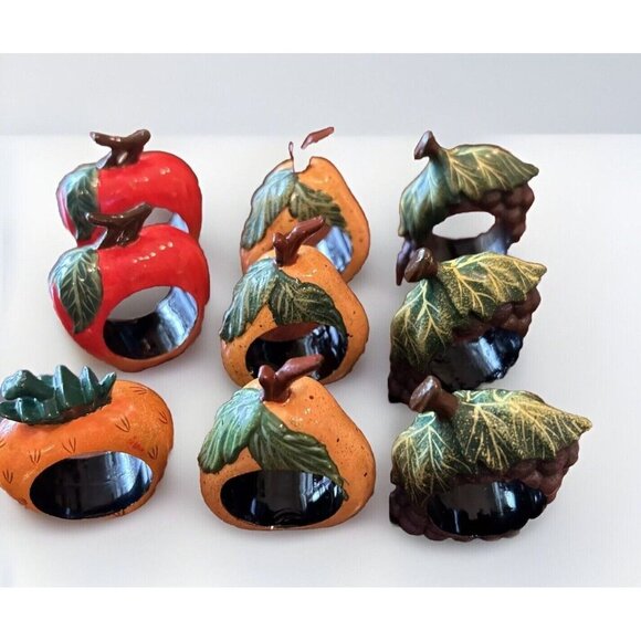 Vtg‎ Fruit Napkin Rings Apple Grapes Pear Pineapple Table Decor Resin Set of 9 - Picture 1 of 6